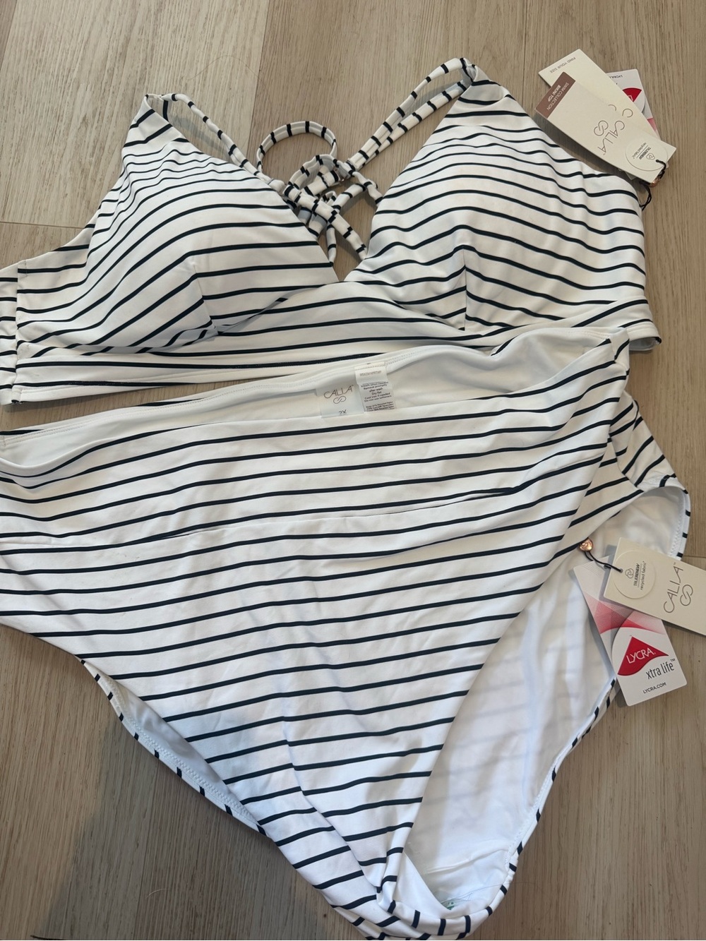 Striped White & Navy Two-Piece Swim Set 2X